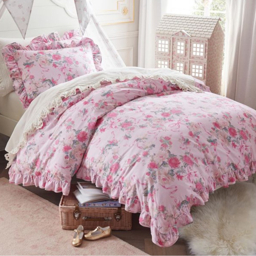 Organic LoveShack Fancy Cabbage Rose Double Ruffle Edge DuvetFull/Queen